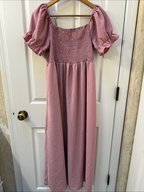 Aiswi Dusty Rose Smocked Maxi Dress with Puff Sleeves